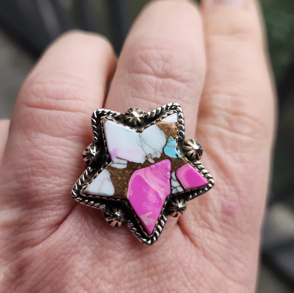 Handmade Sterling Silver 925 Cotton Candy Turquoise Star Ring Adjustable Size - Picture 1 of 8